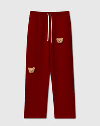 STICKYZOO Sticky Bear Sweatpant in red with two hand-stitched plush bear face appliques