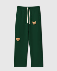 STICKYZOO Sticky Bear Sweatpant in green with two hand-stitched plush bear face appliques