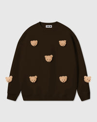 STICKYZOO Sticky Bear Sweatshirt in dark brown with hand-stitched teddy bear face appliques