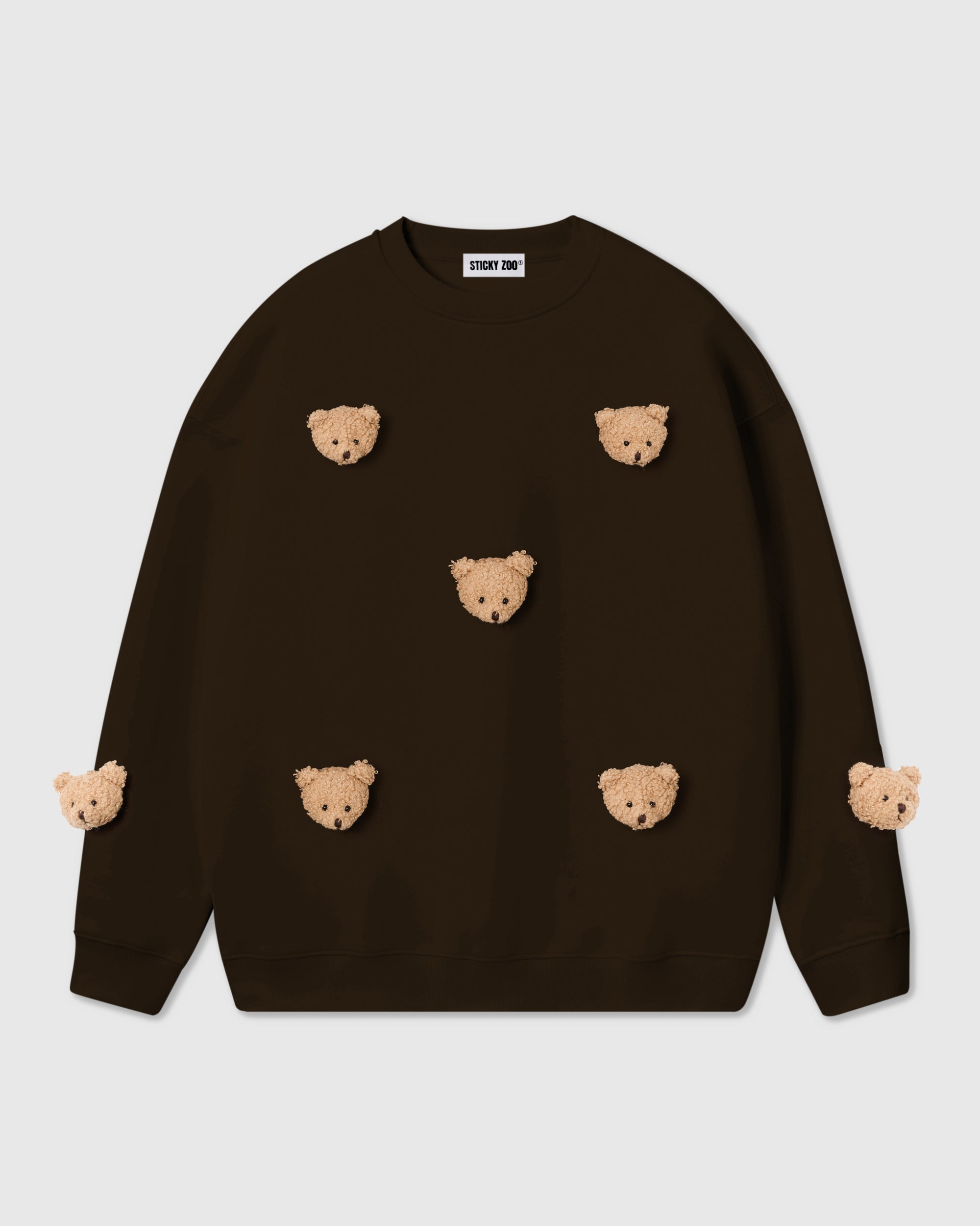 STICKYZOO Sticky Bear Sweatshirt in dark brown with hand-stitched teddy bear face appliques