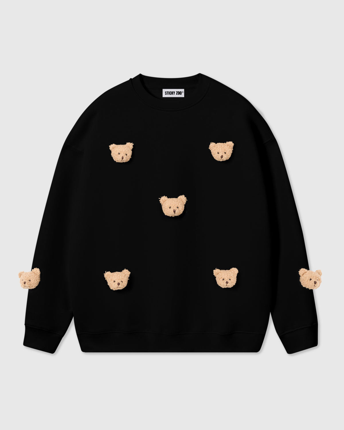 STICKYZOO Sticky Bear Sweatshirt in black with hand-stitched teddy bear faces on premium cotton