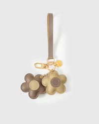 STICKYZOO Twin Flowers Charm — dual attachment option: leather strap for bags or keychain clip. French Alran goatskin.