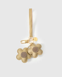 STICKYZOO Twin Flowers Charm — dual attachment option: leather strap for bags or keychain clip. French Alran goatskin.