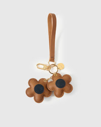 STICKYZOO Twin Flowers Charm clipped to a handbag — handmade French Alran goatskin in navy with tan centres. 3-day artisan build.