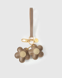 STICKYZOO Twin Flowers Charm in navy with tan centres — handmade French Alran goatskin with 18K gold-plated hardware. Arrives gift-ready.