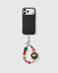 Handmade beaded phone strap on a black case, rated 4.9 across 5,000+ reviews