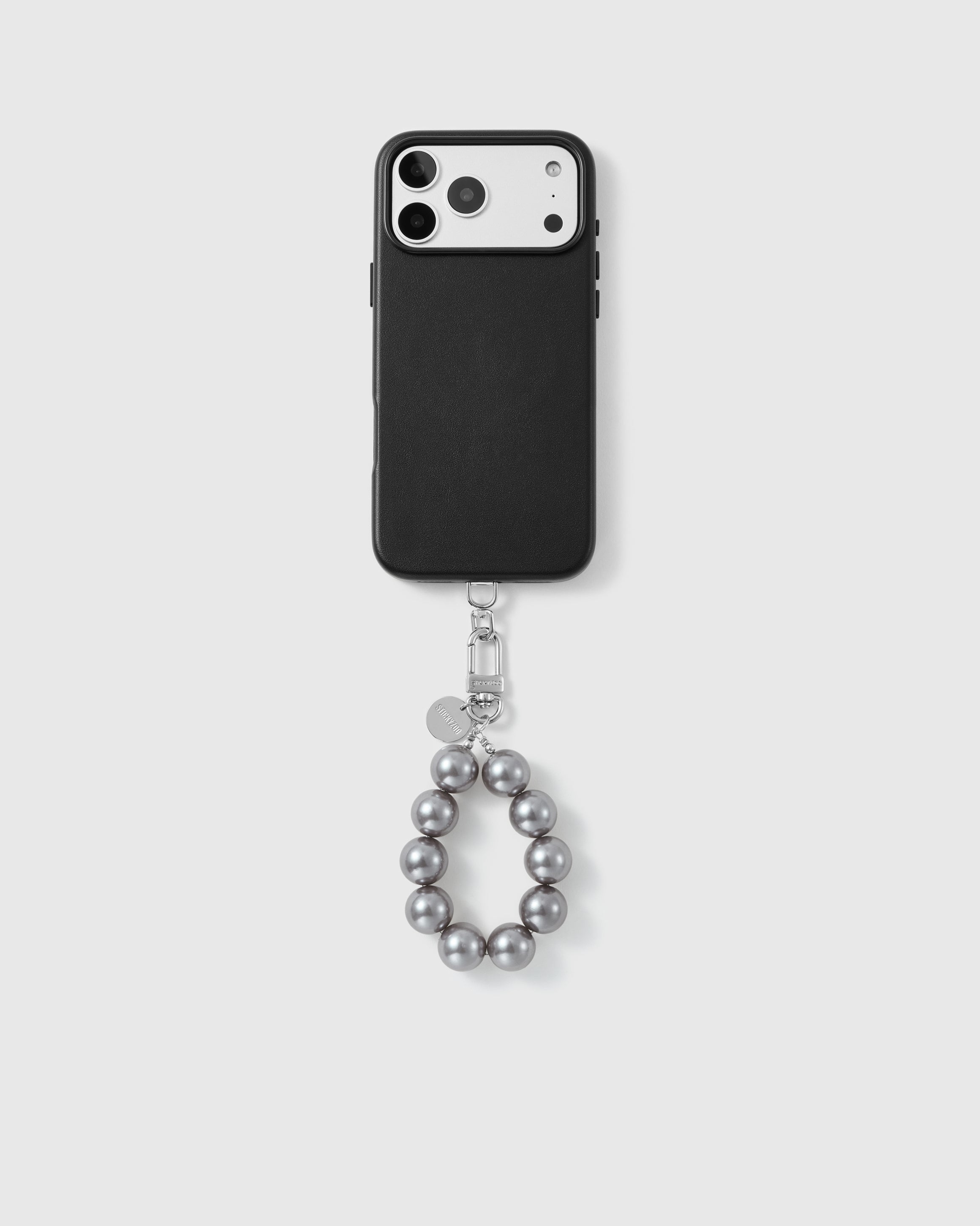 Handmade beaded phone strap on a black case, rated 4.9 across 5,000+ reviews