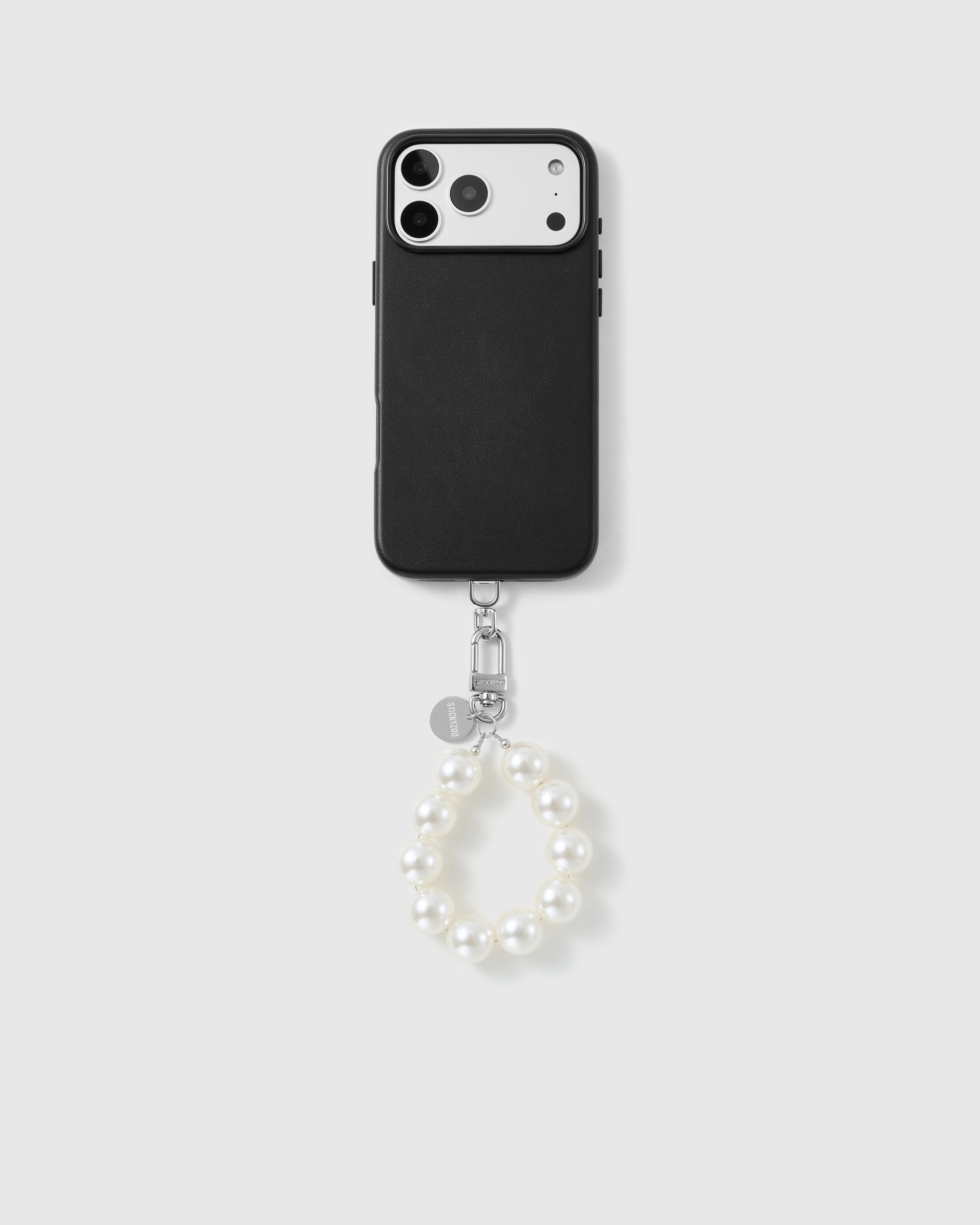 Handmade beaded phone strap on a black case, rated 4.9 across 5,000+ reviews
