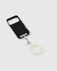 White pearl strap attached to a phone case with the included Phone Strap Card